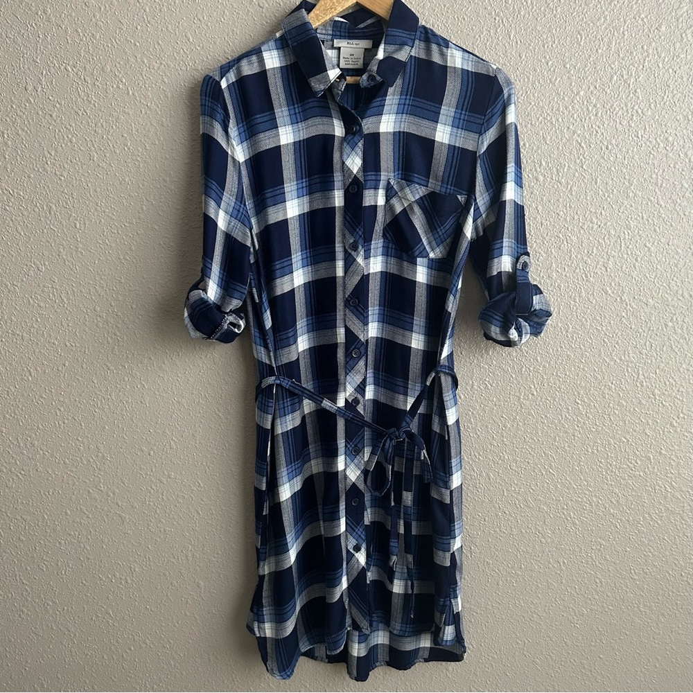 BLL nyc blue plaid long sleeve flannel button‎ up tie dress